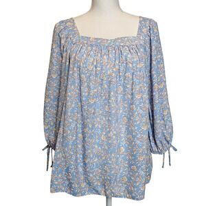 Lauren Conrad Blue Orange Flowy 3/4 Sleeve‎ Top Floral Size Large Square Neck